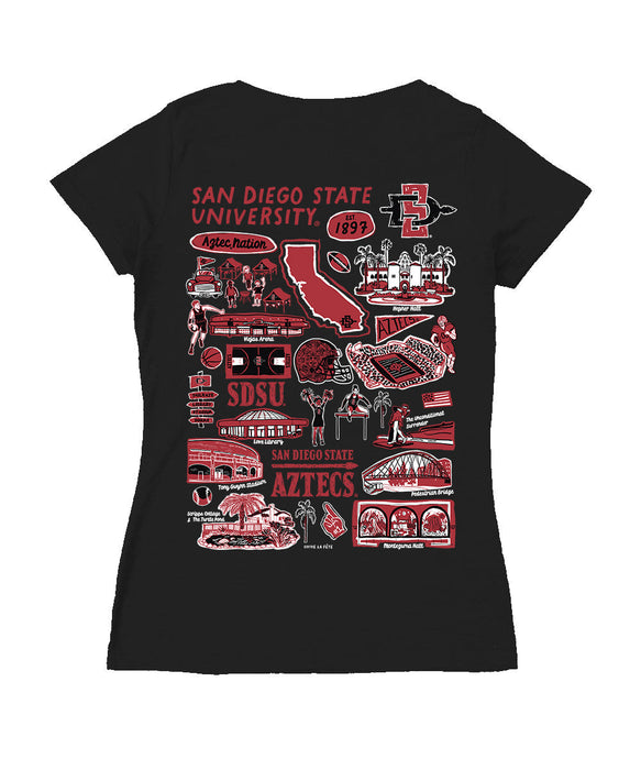 San Diego State Aztecs SDSU Hand Sketched Vive La Fete Impressions Artwork Black Women Cotton Short Sleeve V-Neck Tshirt