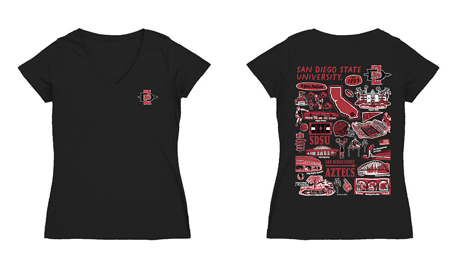 San Diego State Aztecs SDSU Hand Sketched Vive La Fete Impressions Artwork Black Women Cotton Short Sleeve V-Neck Tshirt