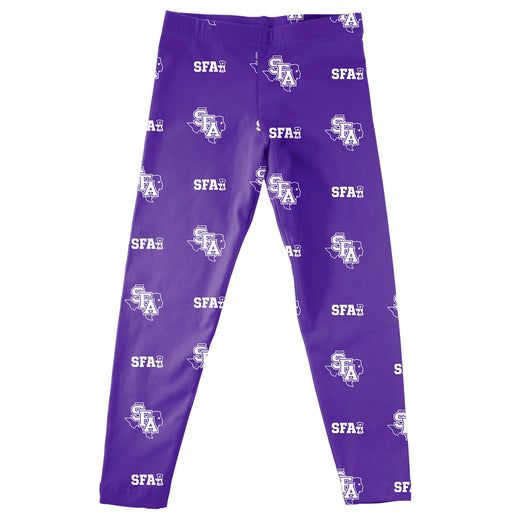 Stephen F Austin SFA Lumberjacks Vive La Fete Girls All Over Two Logos Elastic Waist Classic Play Purple Leggings Tights
