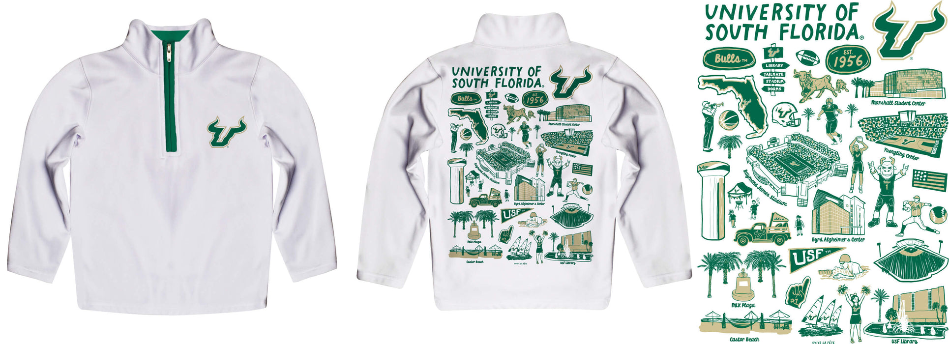 South Florida Bulls USF Hand Sketched Vive La Fete Impressions Artwork White Boys Quarter Zip Pullover V1 - Vive La Fête - Online Apparel Store