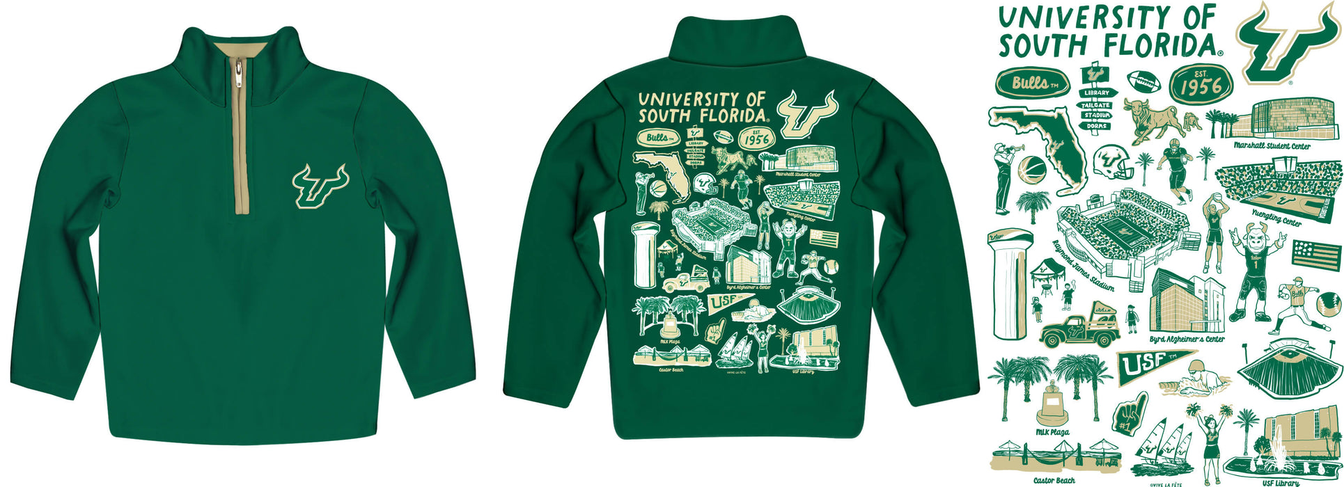 South Florida Bulls USF Hand Sketched Vive La Fete Impressions Artwork Green Boys Quarter Zip Pullover V1 - Vive La Fête - Online Apparel Store