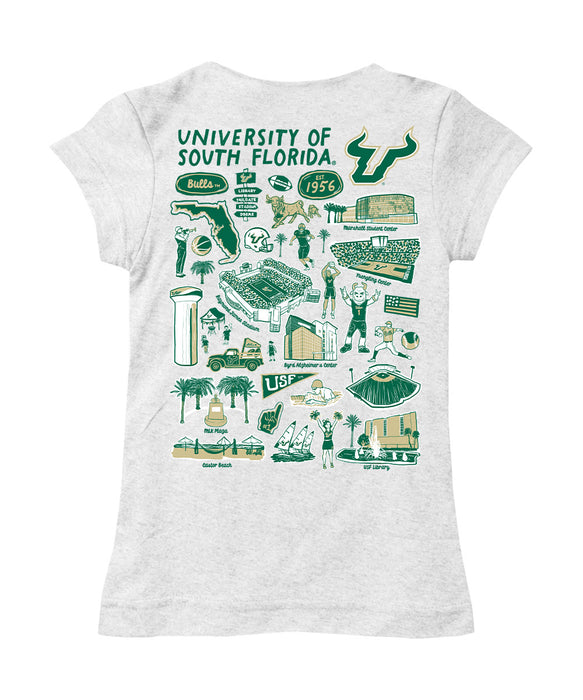 South Florida Bulls USF Hand Sketched Vive La Fete Impressions Artwork White Girls Cotton Short Sleeve Tee - Vive La Fête - Online Apparel Store