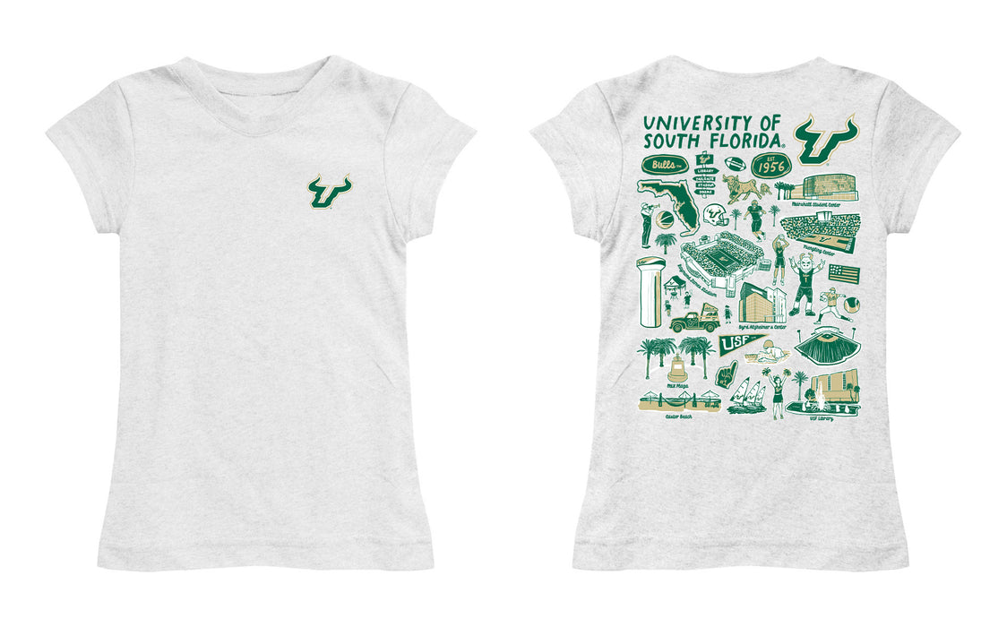 South Florida Bulls USF Hand Sketched Vive La Fete Impressions Artwork White Girls Cotton Short Sleeve Tee - Vive La Fête - Online Apparel Store