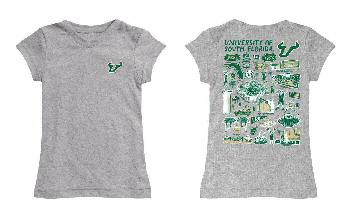 South Florida Bulls USF Hand Sketched Vive La Fete Impressions Artwork Grey Girls Cotton Short Sleeve Tee - Vive La Fête - Online Apparel Store