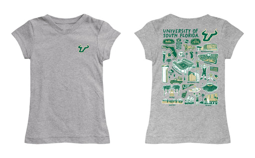 South Florida Bulls USF Hand Sketched Vive La Fete Impressions Artwork Grey Girls Cotton Short Sleeve Tee - Vive La Fête - Online Apparel Store