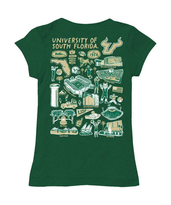 South Florida Bulls USF Hand Sketched Vive La Fete Impressions Artwork Green Girls Cotton Short Sleeve Tee - Vive La Fête - Online Apparel Store