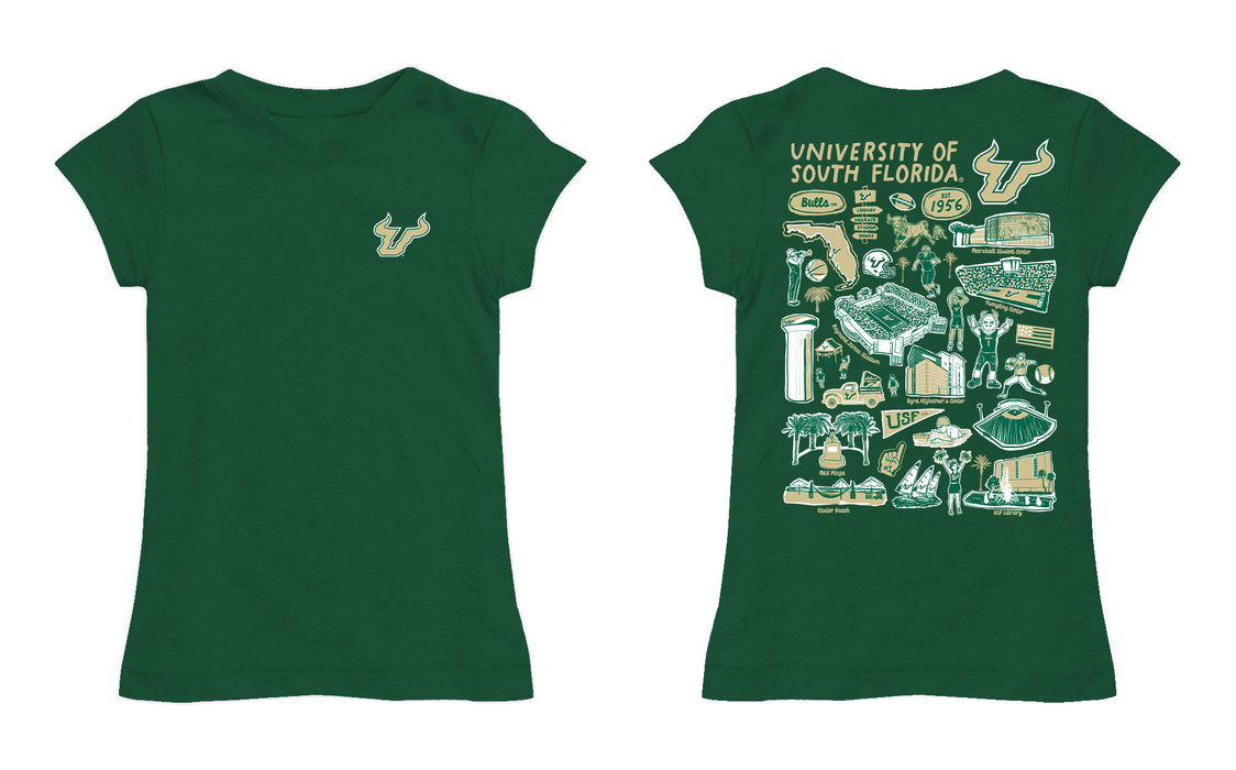 South Florida Bulls USF Hand Sketched Vive La Fete Impressions Artwork Green Girls Cotton Short Sleeve Tee - Vive La Fête - Online Apparel Store