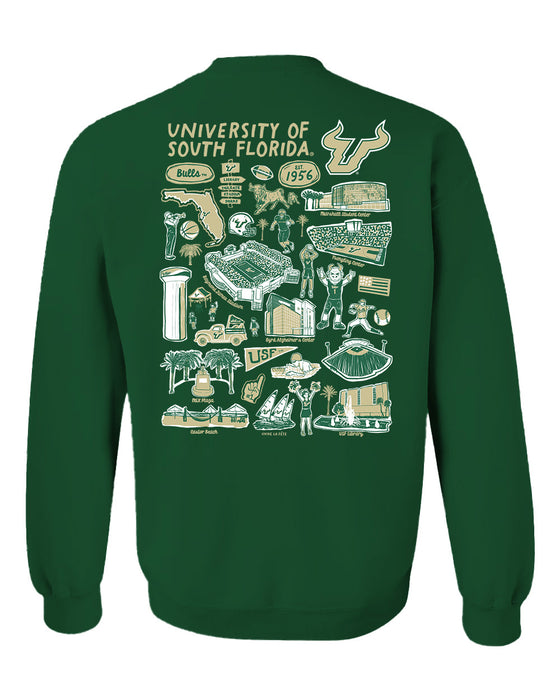 South Florida Bulls USF Hand Sketched Artwork Green Crewneck Sweatshirt for Women - Vive La Fête - Online Apparel Store