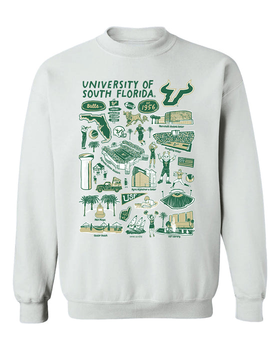 South Florida Bulls USF Hand Sketched Vive La Fete Impressions White Cotton Crewneck Sweatshirt for Women