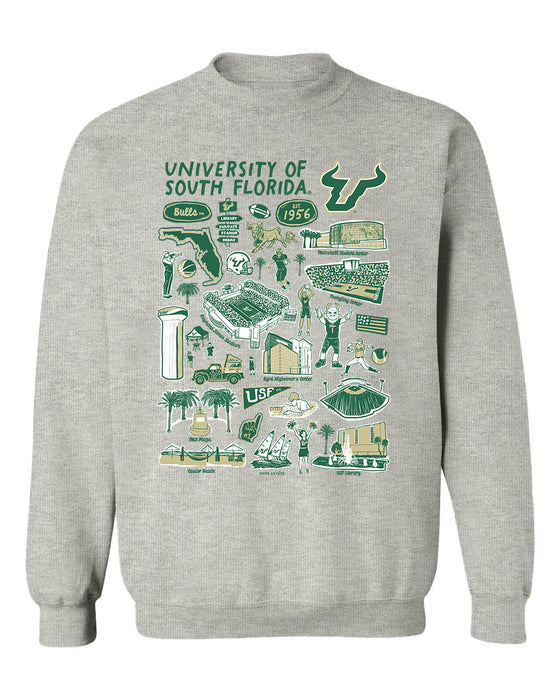 South Florida Bulls USF Hand Sketched Vive La Fete Impressions Grey Cotton Crewneck Sweatshirt for Women