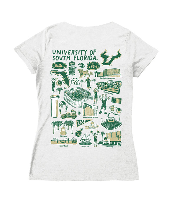South Florida Bulls USF Hand Sketched Vive La Fete Impressions Artwork Green Women Cotton Short Sleeve V-Neck Tshirt