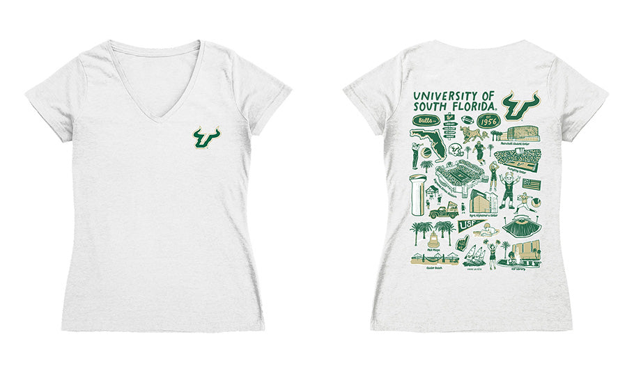 South Florida Bulls USF Hand Sketched Vive La Fete Impressions Artwork Green Women Cotton Short Sleeve V-Neck Tshirt