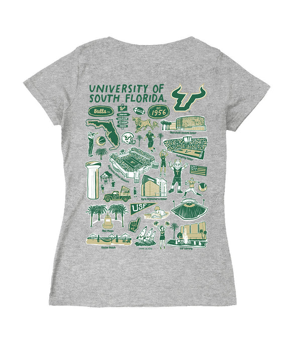 South Florida Bulls USF Hand Sketched Vive La Fete Impressions Artwork Green Women Cotton Short Sleeve V-Neck Tshirt