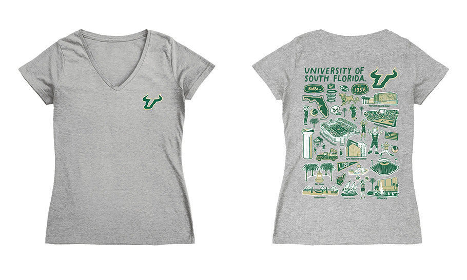 South Florida Bulls USF Hand Sketched Vive La Fete Impressions Artwork Green Women Cotton Short Sleeve V-Neck Tshirt