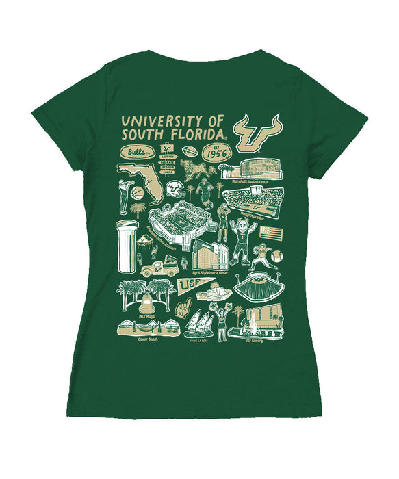 South Florida Bulls USF Hand Sketched Vive La Fete Impressions Artwork Green Women Cotton Short Sleeve V-Neck Tshirt