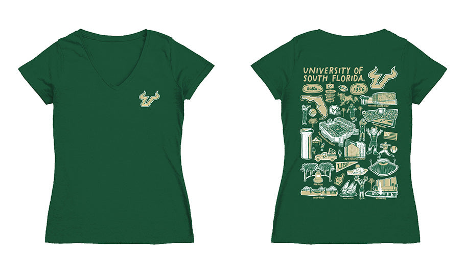 South Florida Bulls USF Hand Sketched Vive La Fete Impressions Artwork Green Women Cotton Short Sleeve V-Neck Tshirt