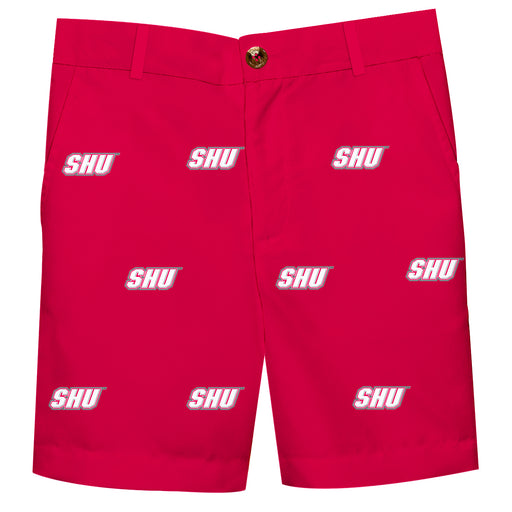SHU Sacred Heart University Pioneers Vive La Fete Boys Game Day All Over Logo Red Structured Shorts with Side Pockets - Vive La Fête - Online Apparel Store