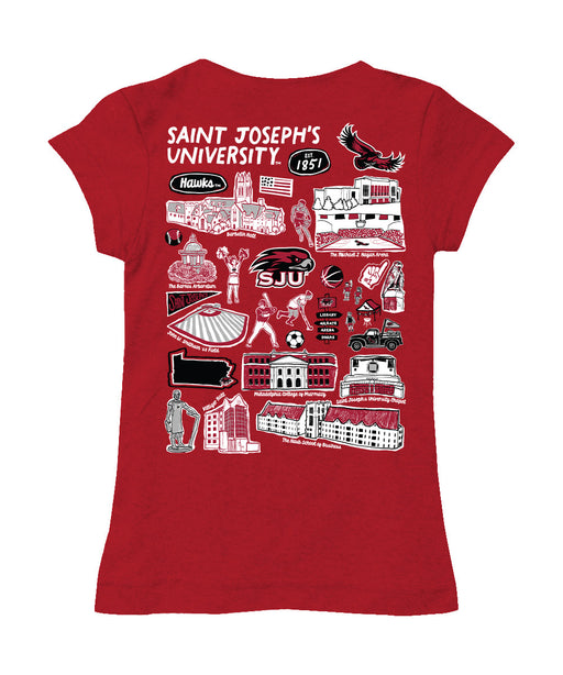 St. Josephs Hawks Hand Sketched Vive La Fete Impressions Artwork Red Girls Cotton Short Sleeve Tee - Vive La Fête - Online Apparel Store