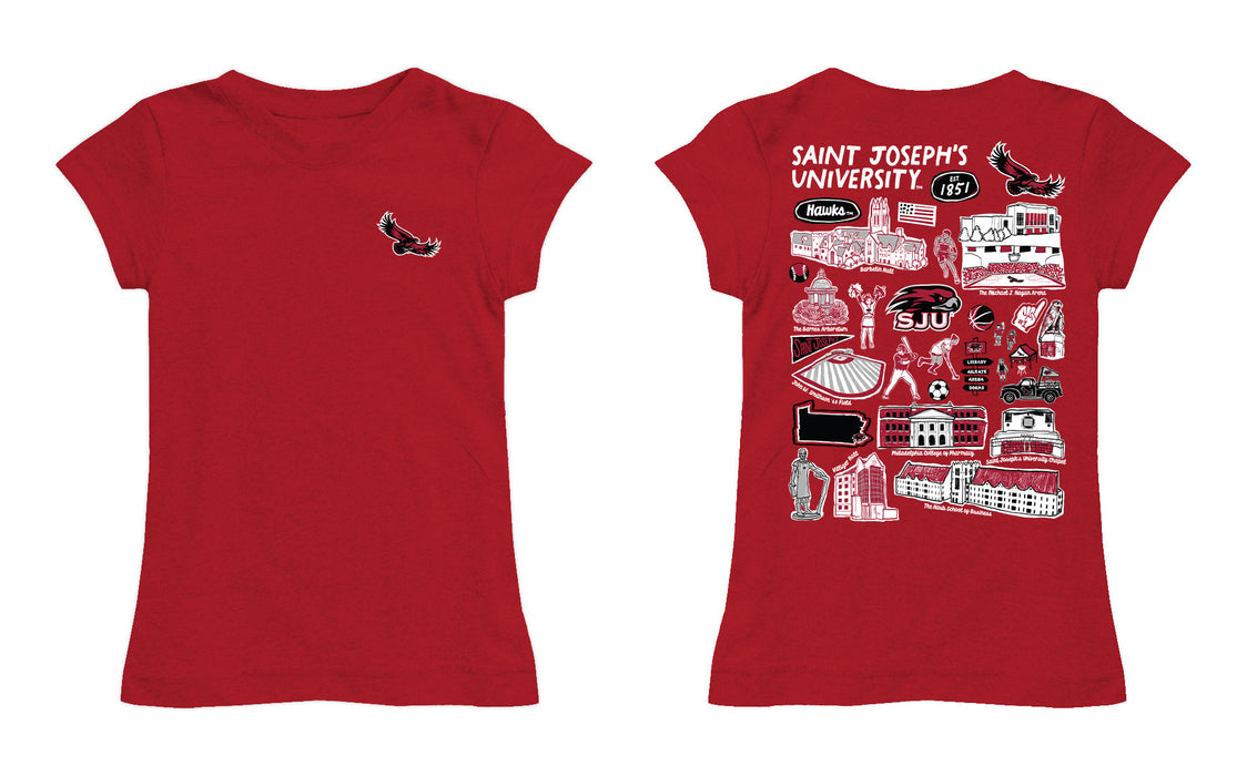 St. Josephs Hawks Hand Sketched Vive La Fete Impressions Artwork Red Girls Cotton Short Sleeve Tee - Vive La Fête - Online Apparel Store