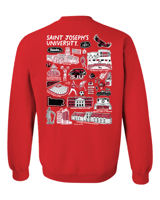 St. Josephs Hawks Hand Sketched Artwork Red Crewneck Sweatshirt for Women - Vive La Fête - Online Apparel Store