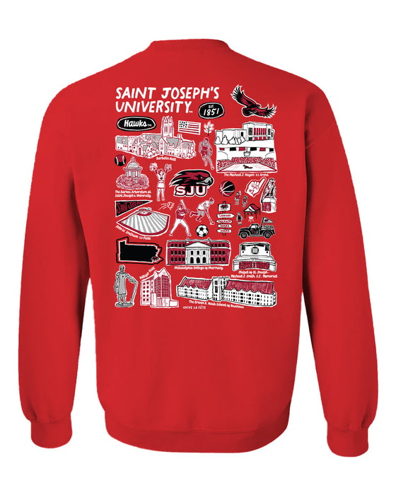 St. Josephs Hawks Hand Sketched Artwork Red Crewneck Sweatshirt for Women - Vive La Fête - Online Apparel Store