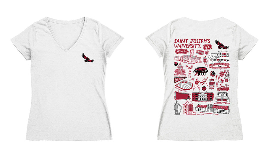 St. Josephs Hawks Hand Sketched Vive La Fete Impressions Artwork Red Women Cotton Short Sleeve V-Neck Tshirt