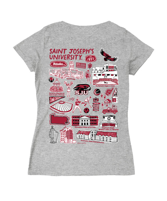 St. Josephs Hawks Hand Sketched Vive La Fete Impressions Artwork Red Women Cotton Short Sleeve V-Neck Tshirt