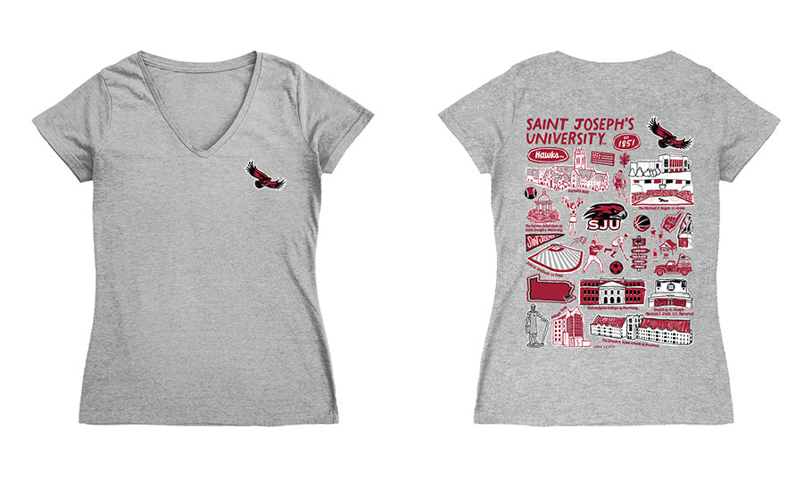 St. Josephs Hawks Hand Sketched Vive La Fete Impressions Artwork Red Women Cotton Short Sleeve V-Neck Tshirt