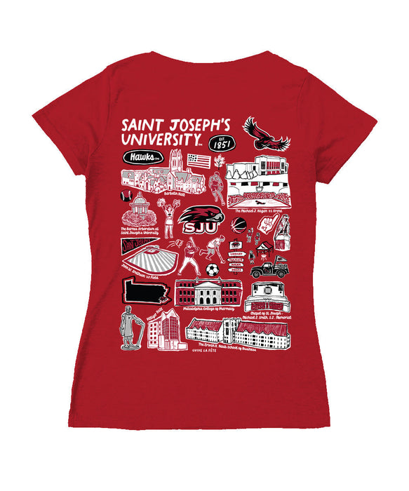 St. Josephs Hawks Hand Sketched Vive La Fete Impressions Artwork Red Women Cotton Short Sleeve V-Neck Tshirt
