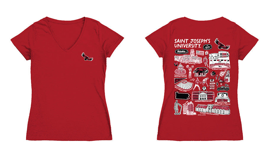 St. Josephs Hawks Hand Sketched Vive La Fete Impressions Artwork Red Women Cotton Short Sleeve V-Neck Tshirt