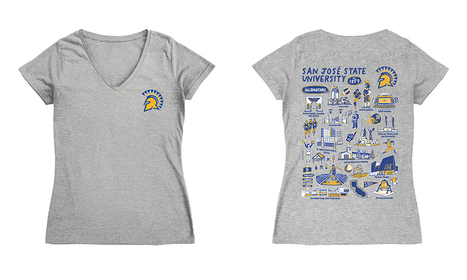 San Jose State Spartans Hand Sketched Vive La Fete Impressions Artwork Royal Women Cotton Short Sleeve V-Neck Tshirt