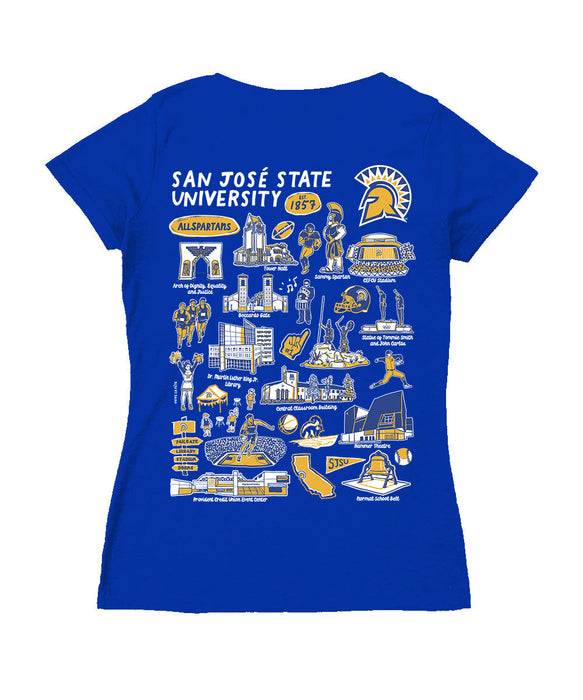 San Jose State Spartans Hand Sketched Vive La Fete Impressions Artwork Royal Women Cotton Short Sleeve V-Neck Tshirt