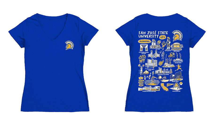 San Jose State Spartans Hand Sketched Vive La Fete Impressions Artwork Royal Women Cotton Short Sleeve V-Neck Tshirt