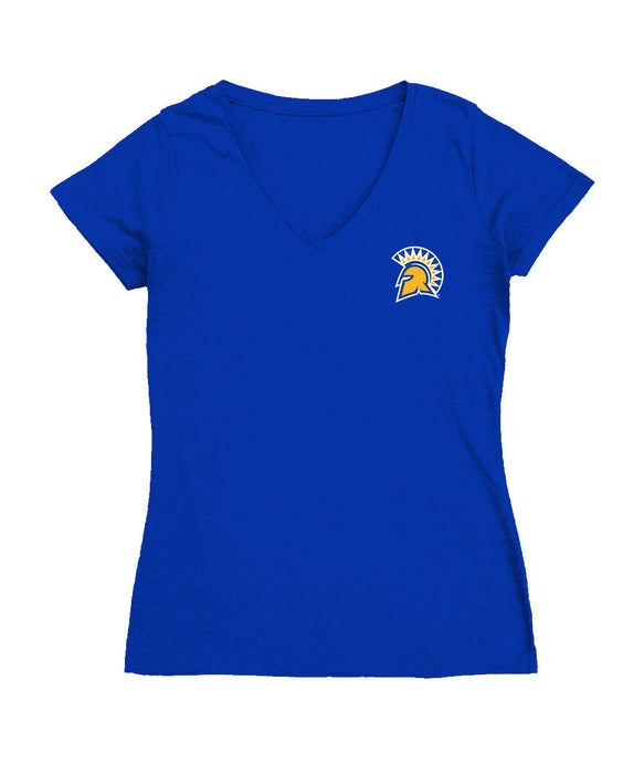 San Jose State Spartans Hand Sketched Vive La Fete Impressions Artwork Royal Women Cotton Short Sleeve V-Neck Tshirt