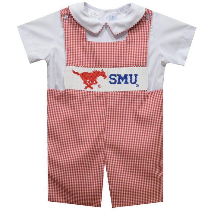 SMU Mustangs Smocked Red Cardinal Gingham Jon Jon And Short sleeve White Shirt