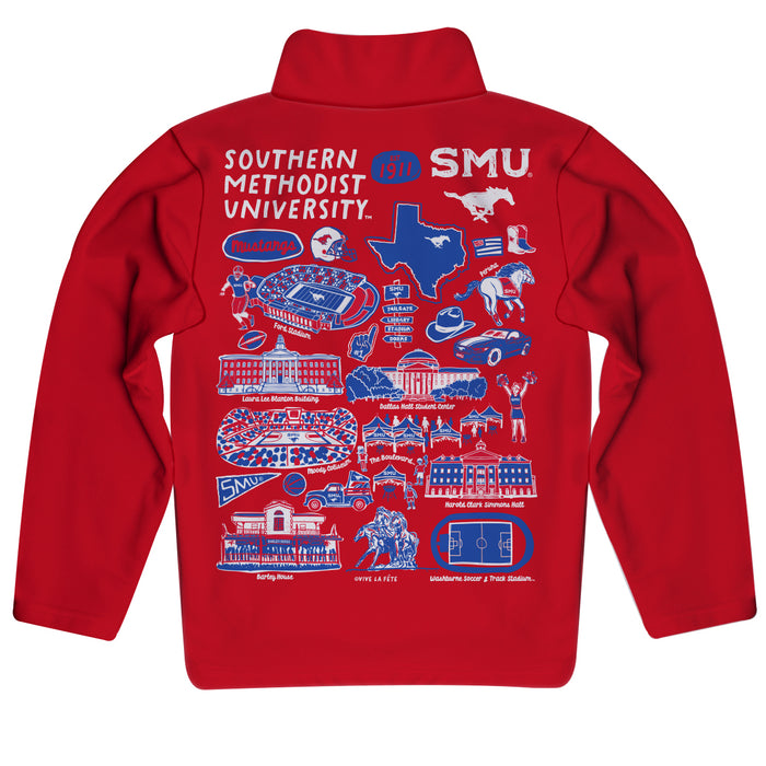 SMU Mustangs Hand Sketched Vive La Fete Impressions Artwork Red Boys Quarter Zip Pullover V1 - Vive La Fête - Online Apparel Store