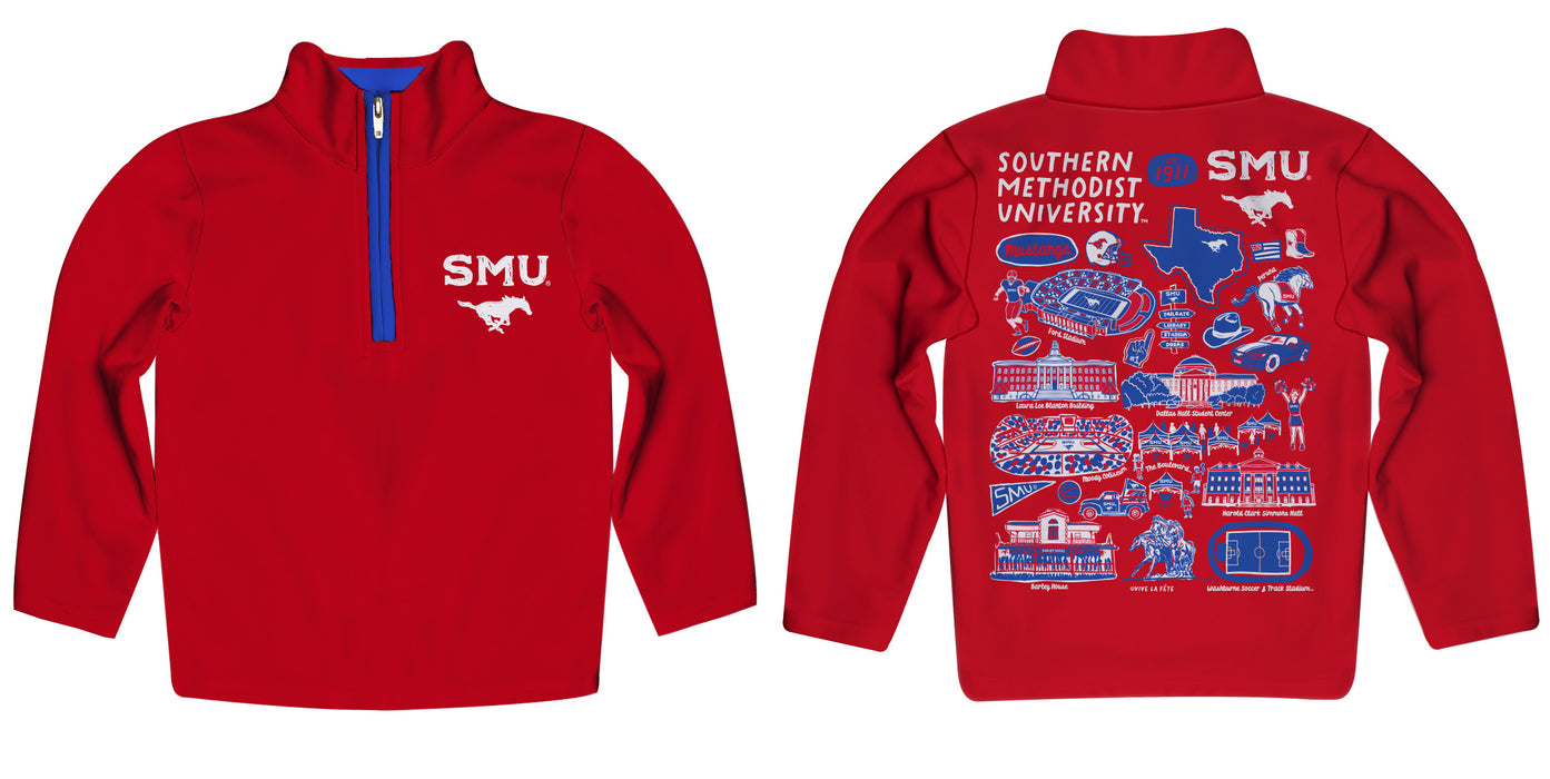 SMU Mustangs Hand Sketched Vive La Fete Impressions Artwork Red Boys Quarter Zip Pullover V1 - Vive La Fête - Online Apparel Store