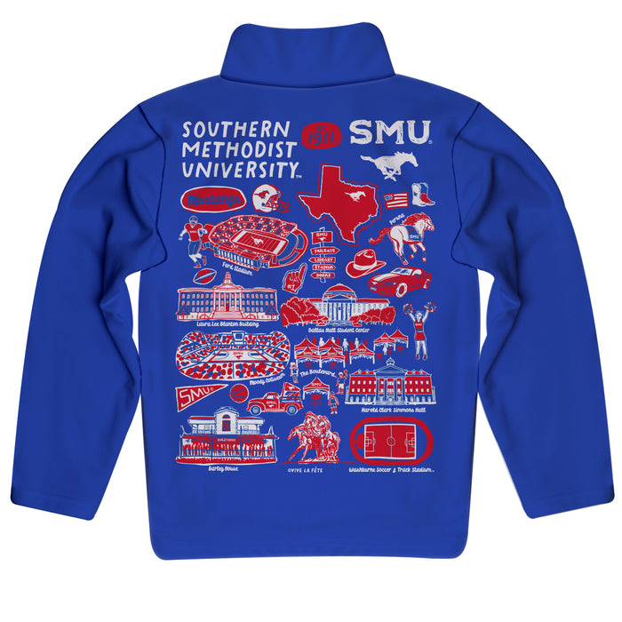 SMU Mustangs Hand Sketched Vive La Fete Impressions Artwork Blue Boys Quarter Zip Pullover V1 - Vive La Fête - Online Apparel Store