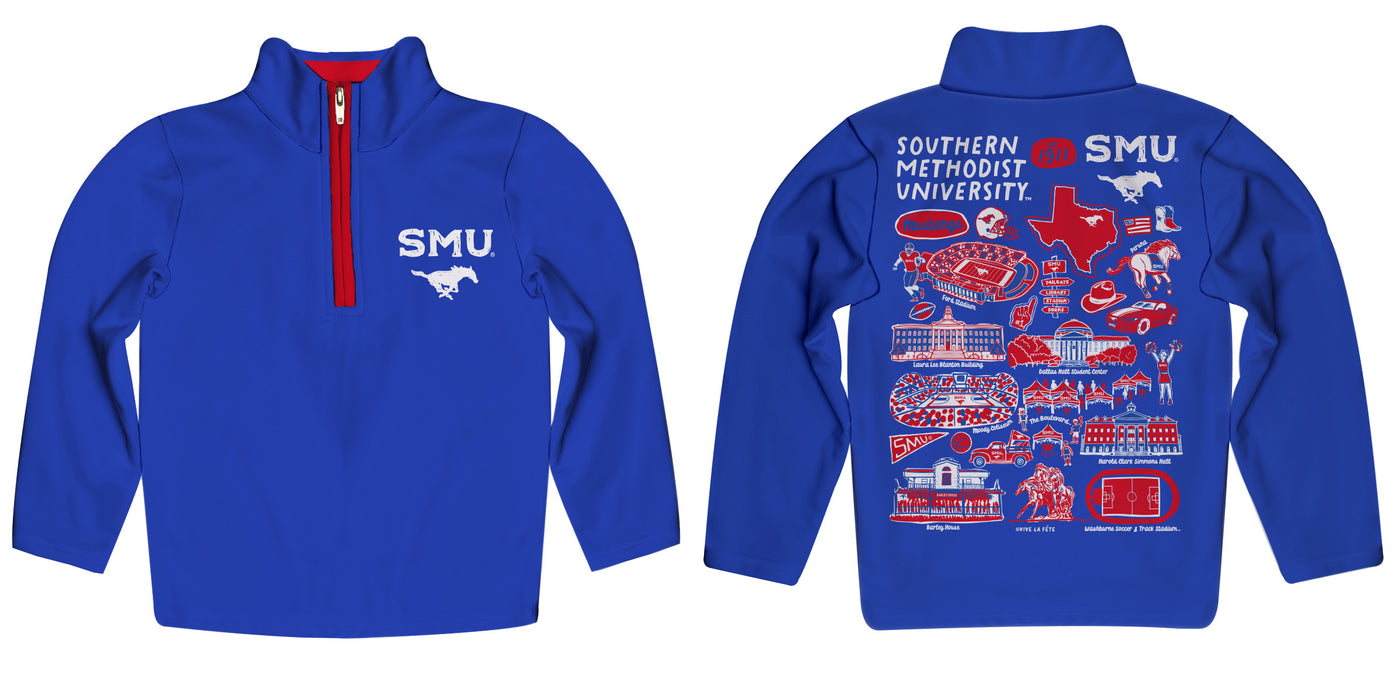 SMU Mustangs Hand Sketched Vive La Fete Impressions Artwork Blue Boys Quarter Zip Pullover V1 - Vive La Fête - Online Apparel Store