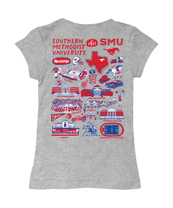 SMU Mustangs Hand Sketched Vive La Fete Impressions Artwork Grey Girls Cotton Short Sleeve Tee - Vive La Fête - Online Apparel Store