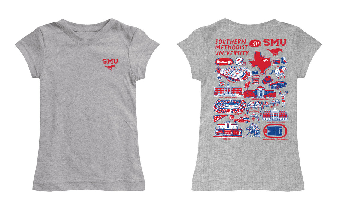 SMU Mustangs Hand Sketched Vive La Fete Impressions Artwork Grey Girls Cotton Short Sleeve Tee - Vive La Fête - Online Apparel Store