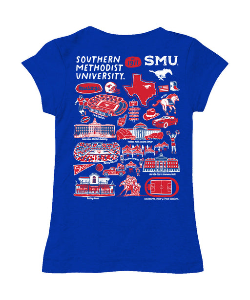 SMU Mustangs Hand Sketched Vive La Fete Impressions Artwork Blue Girls Cotton Short Sleeve Tee - Vive La Fête - Online Apparel Store