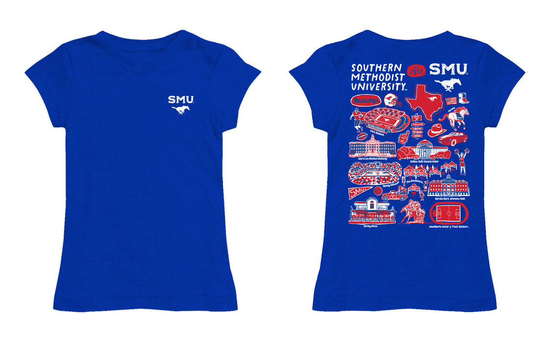 SMU Mustangs Hand Sketched Vive La Fete Impressions Artwork Blue Girls Cotton Short Sleeve Tee - Vive La Fête - Online Apparel Store
