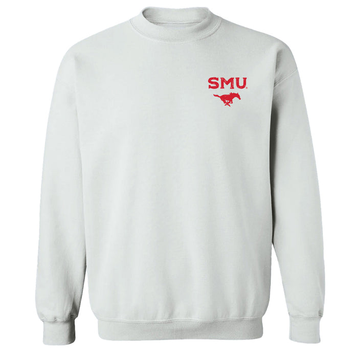 SMU Mustangs Hand Sketched Vive La Fete Impressions Artwork White Crew Neck Sweatshirt for Women