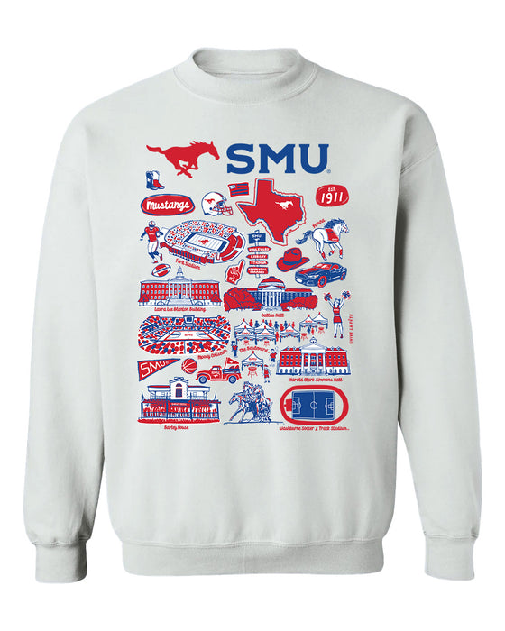 SMU Mustangs Hand Sketched Vive La Fete Impressions White Cotton Crewneck Sweatshirt for Women