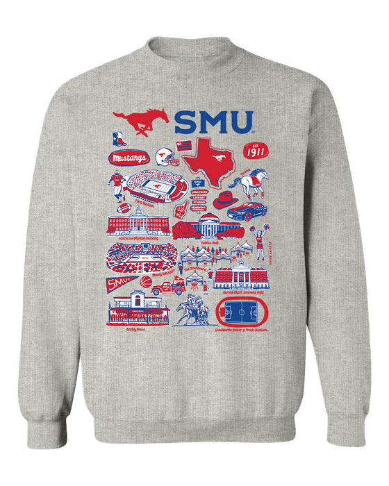 SMU Mustangs Hand Sketched Vive La Fete Impressions Grey Cotton Crewneck Sweatshirt for Women