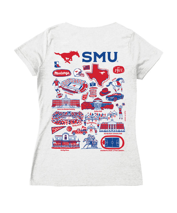 SMU Mustangs Hand Sketched Vive La Fete Impressions Artwork Red Women Cotton Short Sleeve V-Neck Tshirt