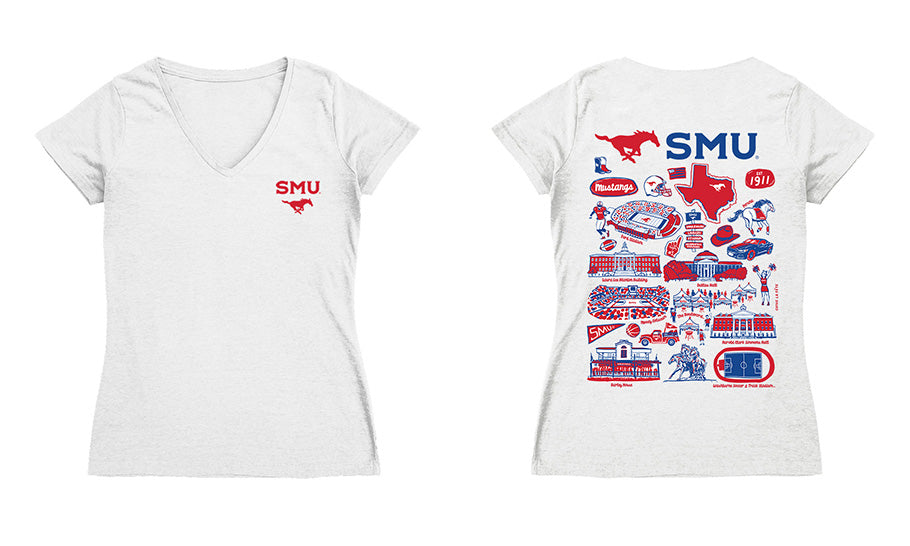 SMU Mustangs Hand Sketched Vive La Fete Impressions Artwork Red Women Cotton Short Sleeve V-Neck Tshirt