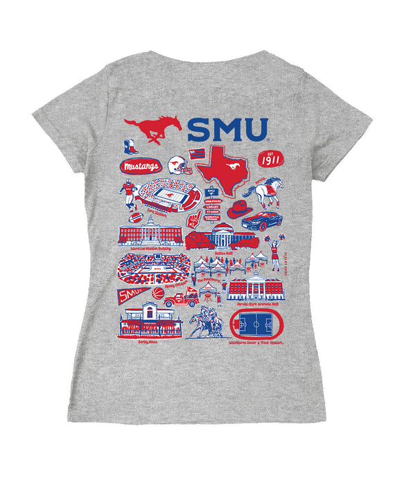SMU Mustangs Hand Sketched Vive La Fete Impressions Artwork Red Women Cotton Short Sleeve V-Neck Tshirt