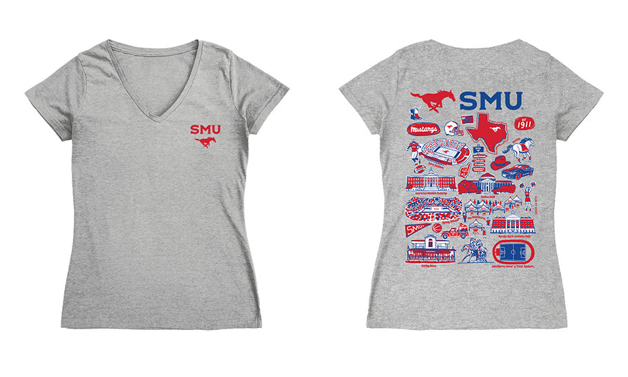 SMU Mustangs Hand Sketched Vive La Fete Impressions Artwork Red Women Cotton Short Sleeve V-Neck Tshirt